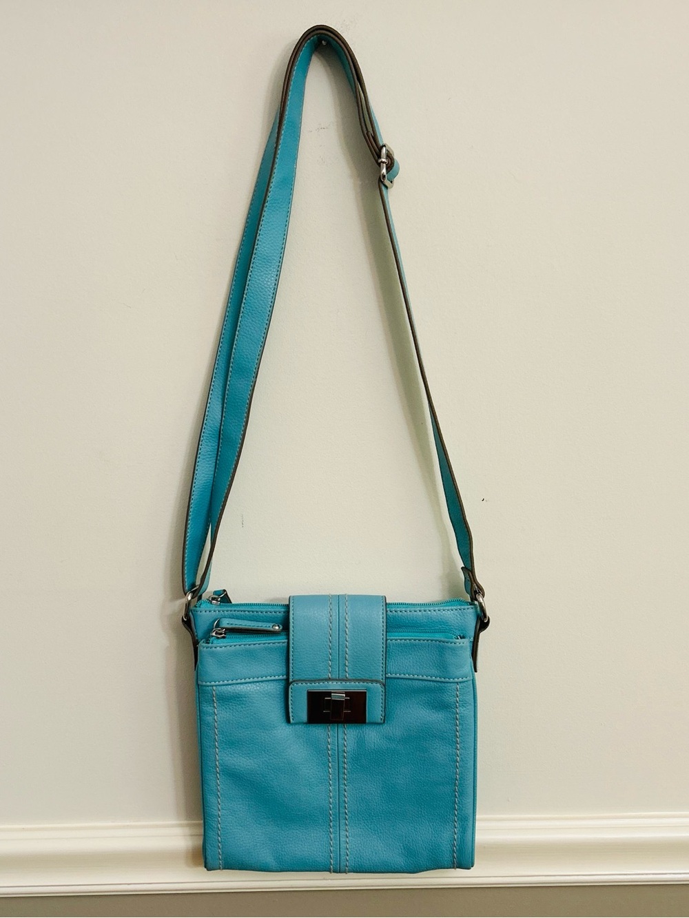 Tignanello Turquoise Blue Leather Adjustable Strap Multi Pocket Crossbody Bag
